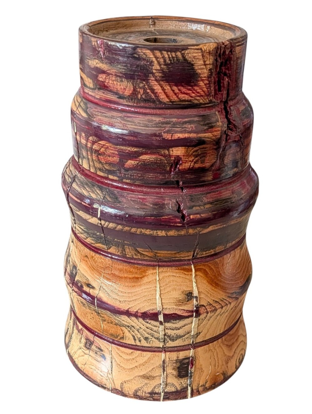 Handcrafted Wooden Decorative Candleholder in Natural and Burgundy Rustic Lodge
